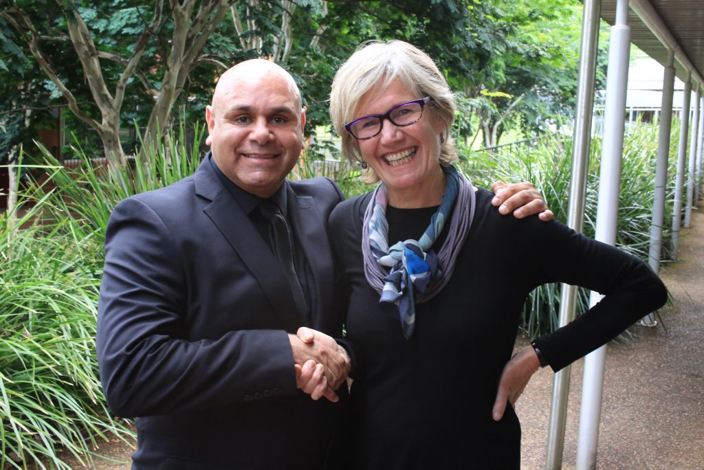 Special guest at the Big Deadly Yarn Ups, Kevin Kropinyeri with North Coast TAFE Institute Director Elizabeth McGregor. Special guest at the Big Deadly Yarn Ups, Kevin Kropinyeri with North Coast TAFE Institute Director Elizabeth McGregor.